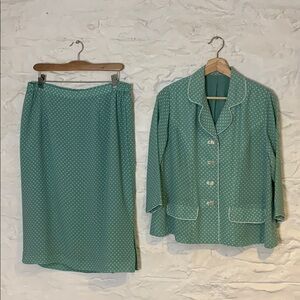 Vintage 80s does 40s Seafoam Green Polka Dot Skirt Suit Set beautifully handmade